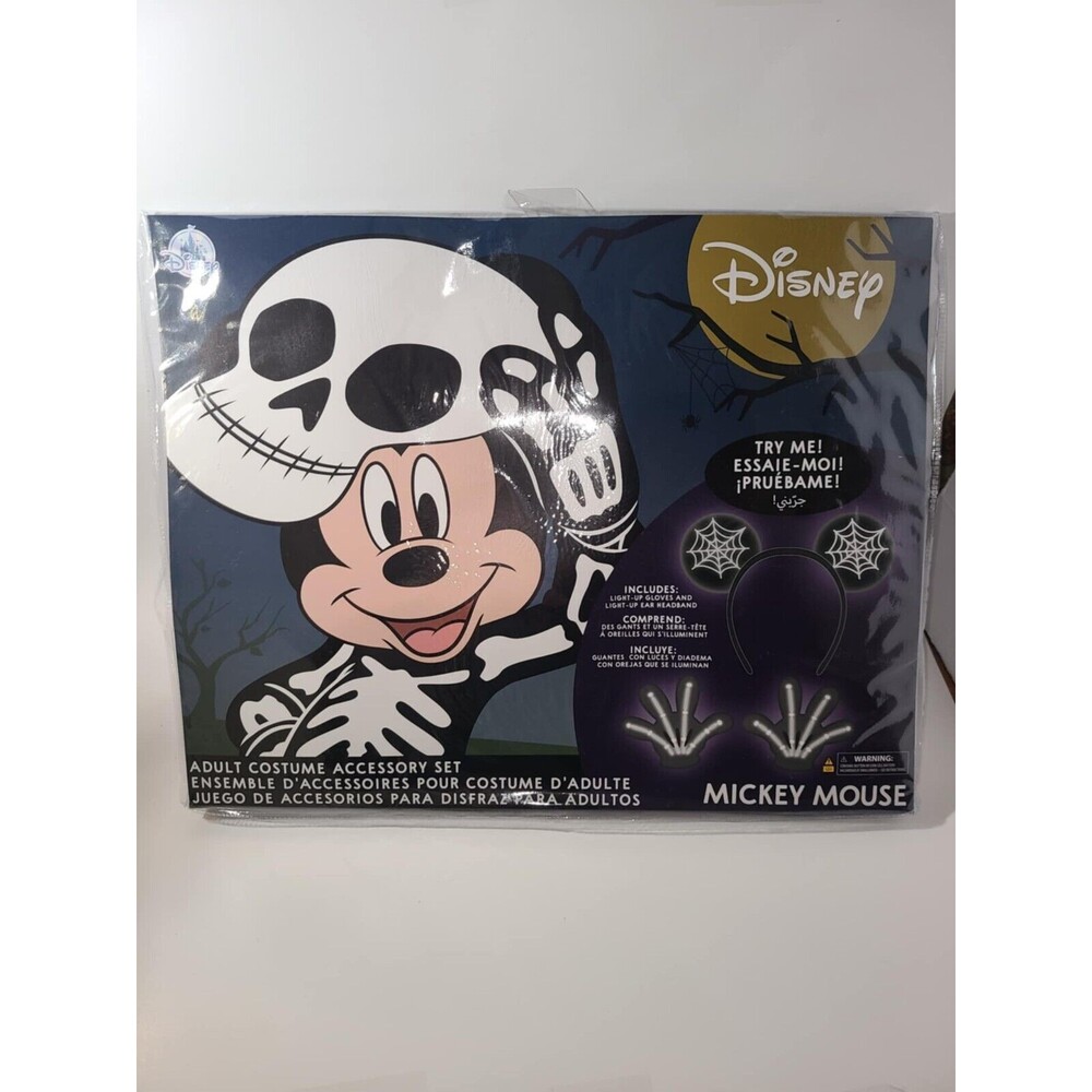 Mickey Mouse Skeleton Ears & Gloves Adult Costume Accessory Set Light Up NEW NIB